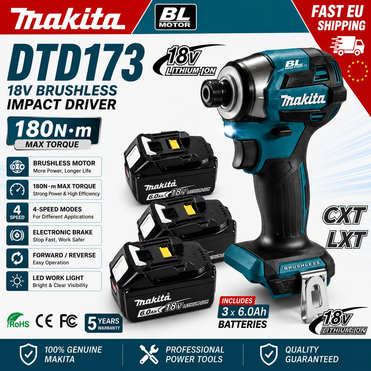 Makita DTD173 18V LXT Bürstenloser Schlagschrauber 180N·m Akku-Elektroschrauber mit 1×BL1860 6,0Ah Akku EU-Lieferung