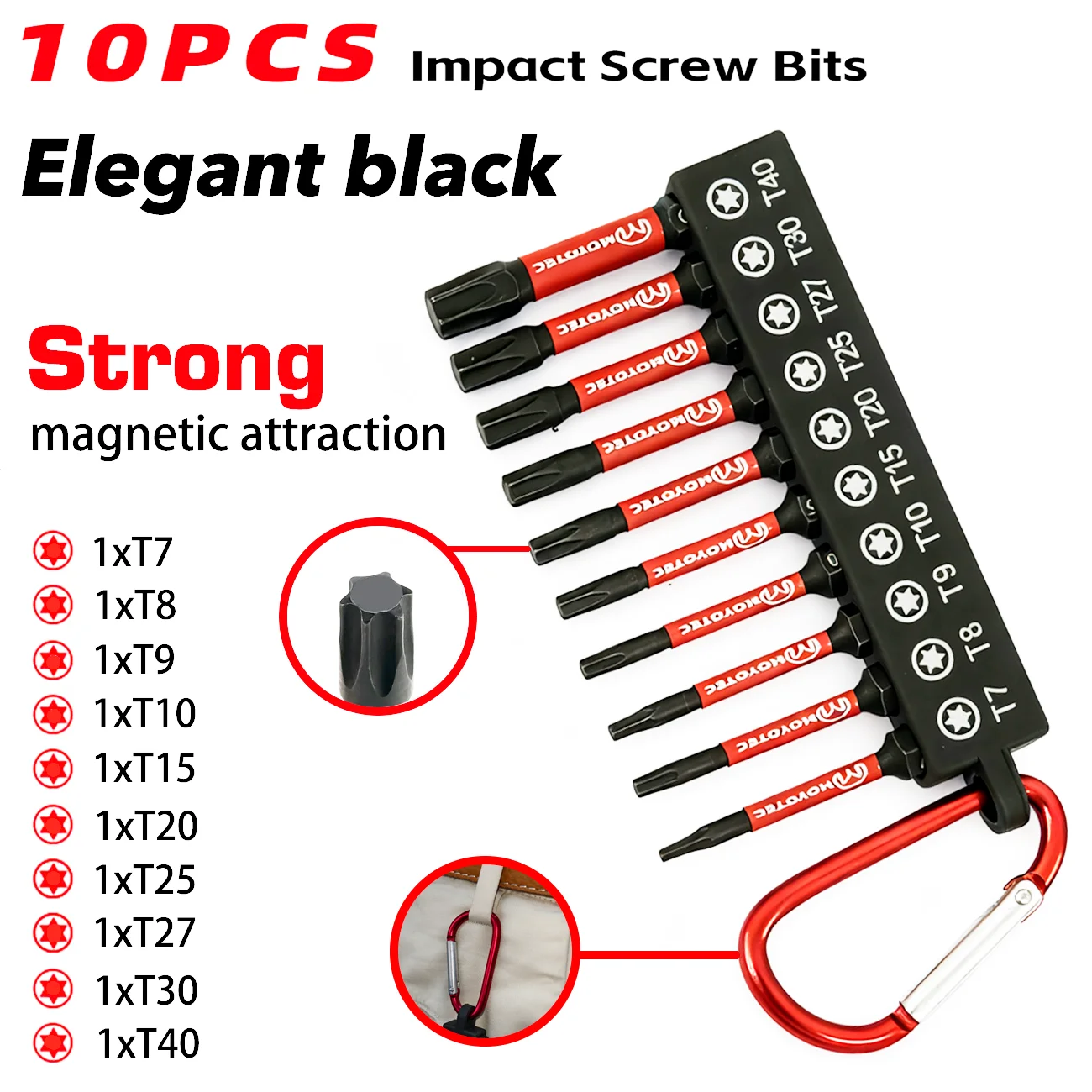 10/20 Stück Torx-Bits, Hohl-Torx-Schraubendreher-Bit-Set, 50 mm verlängert, aus gehärtetem S2-Stahl mit magnetischer Drehmomentanpassung, hohe Härte, bruchfest, tragbarer Hakenaufsatz, Zubehör für elektrische Bohrmaschinen und Schlagwerkzeuge – Detail 2
