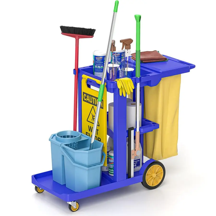 

Commercial Janitorial Cart, 3Shelf Housekeeping Cart, High Capacity Cleaning Cart, Utility Clean Trolley with Wheels and 25 Gall
