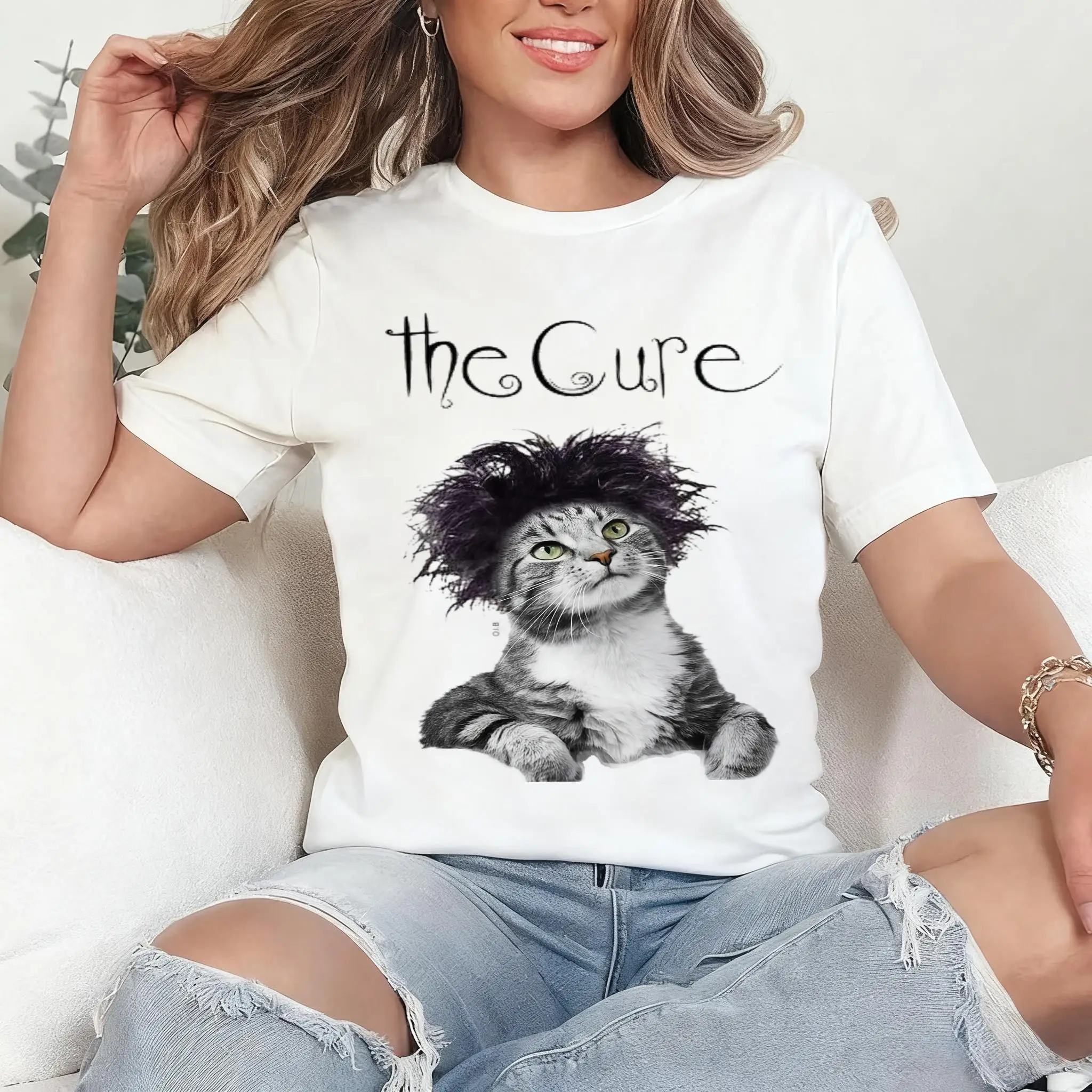 

Plus Size Summer Women's Vintage The Cure Cat T-Shirt Cotton Breathable Stylish Versatile Street Style Oversized