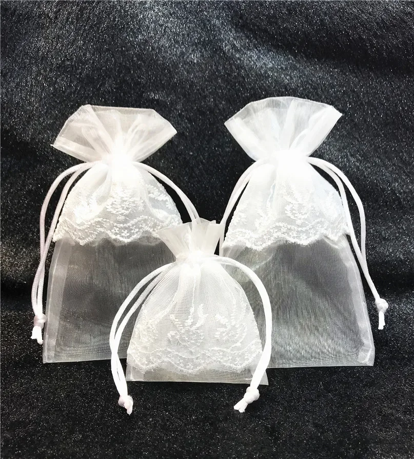 50pcs/set 8x10 10x17cm White Organza Bag rose gold Wave Lace Drawstring Bag for Jewelry Packaging Gift  Wedding Party Christmas