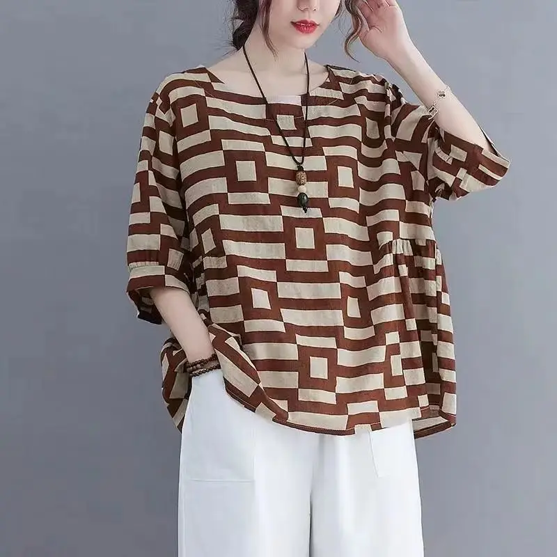 Fashion Printed O-Neck Loose Plaid Blouse Women\'s Clothing 2024 Spring New Oversized Casual Pullovers All-match Korean Shirt