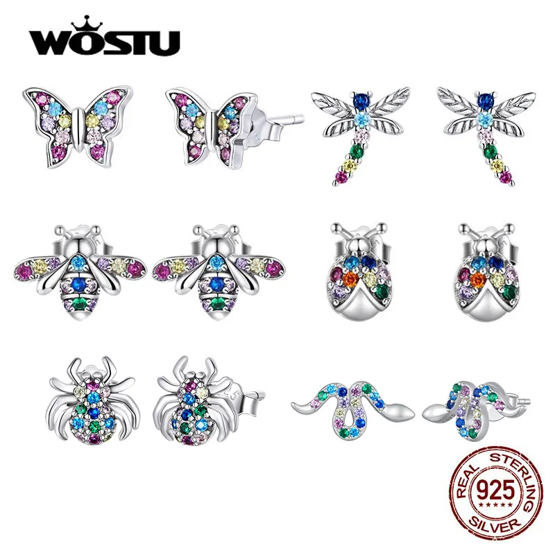 WOSTU 100% 925 Sterling Silver Rainbow Insect Bee Beetle Spider Butterfly Dragonfly Stud Earrings For Women Fine Jewelry Gifts