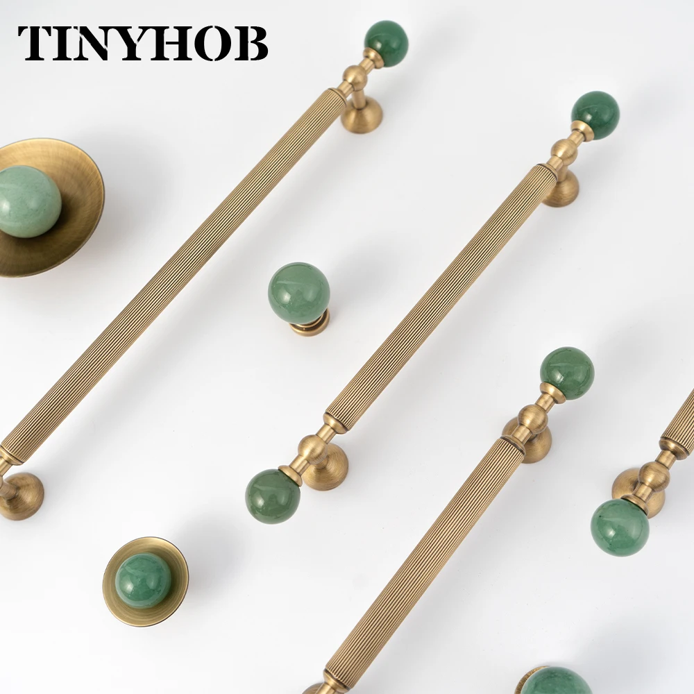 Luxury French Style Cabinet Pull TINYHOB Solid Brass Fluted Bar with Natural Green Stone Ball Knobs Furniture Drawer Hardware