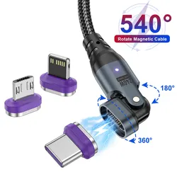 마그네틱 충전 케이블 PD 고속 충전 LED 540 ° 회전 USB C 케이블, 휴대폰 충전기 코드, 아이폰 삼성 C 타입 마이크로, 240W