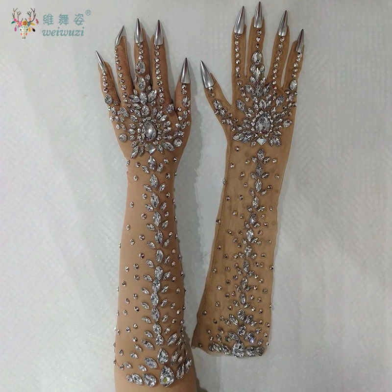 Sarung Tangan Pernikahan Pengantin Berlian Imitasi Seksi Mewah dengan Kuku Palsu Ornamen Penyanyi Aksesori Panggung Pesta Sarung Tangan Tabir Surya