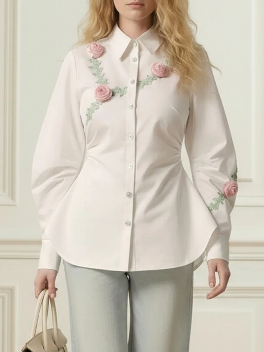 

Стильная женская блузка Bonboho 2026 с 3D-вышивкой в виде цветов, отложным воротником, длинными рукавами, приталенная, для работы и повседневной носки
