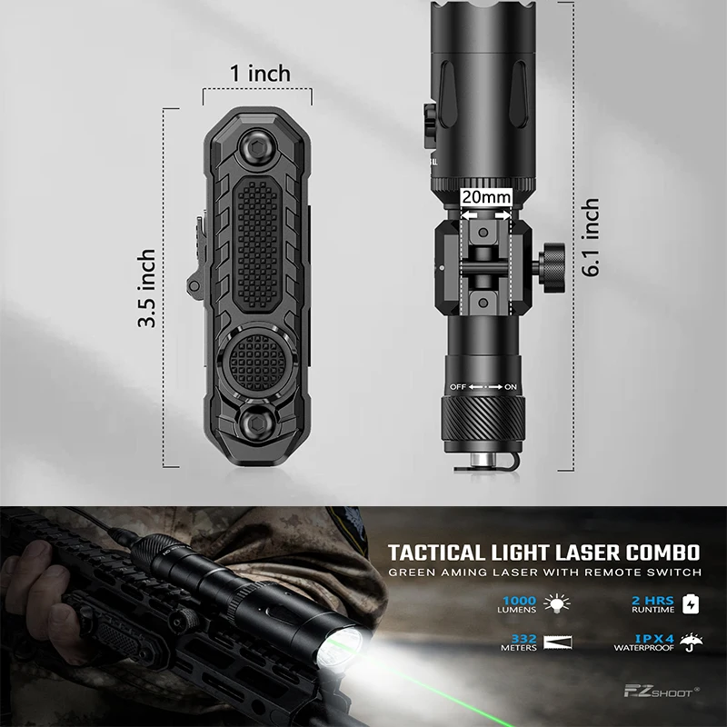 

EZshoot 1000 Lumens Rifle Tactical Flashlight Green Laser Beam Light Combo for 20mm Picatinny Rail with Remote Pressure Switch