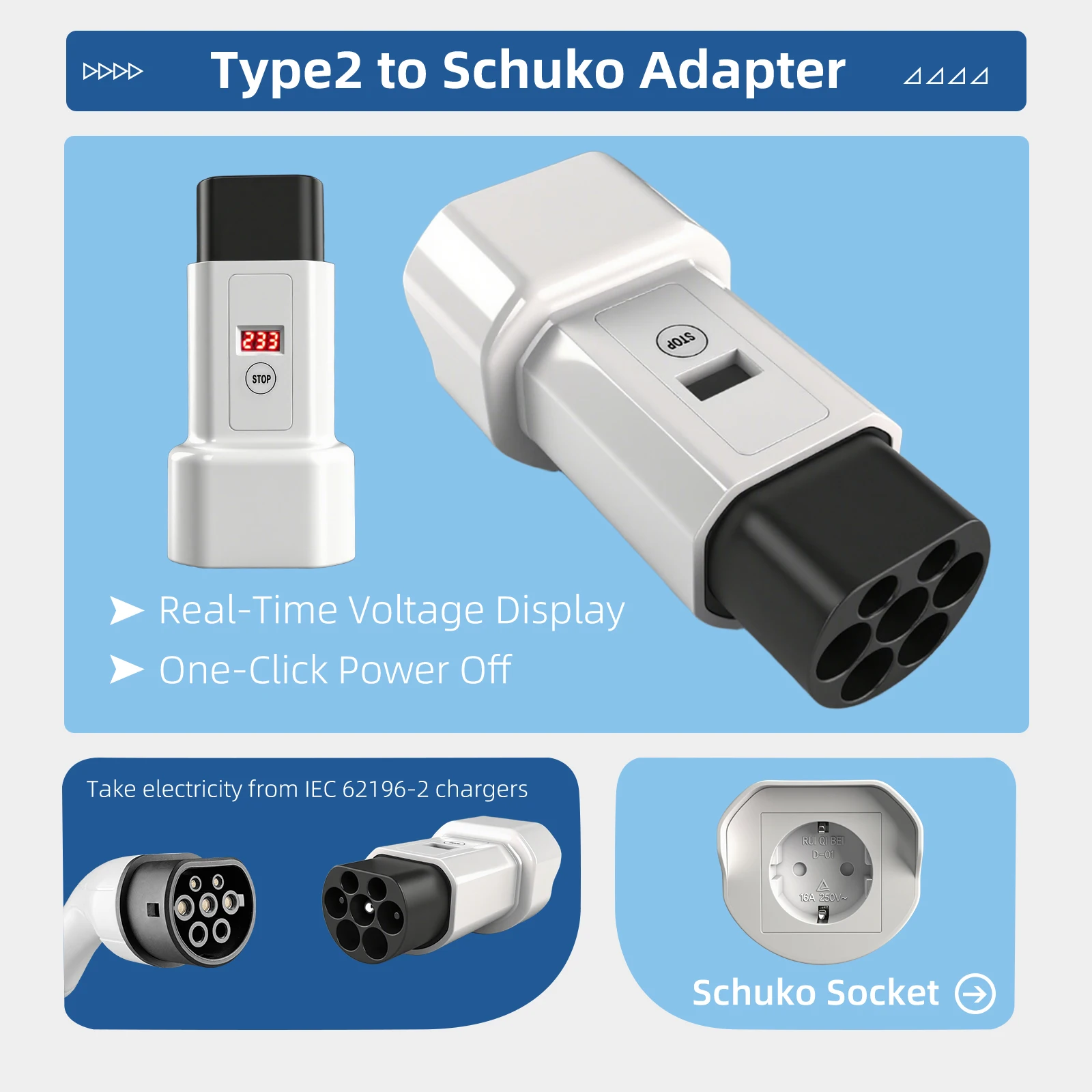 EVqiaoyi محول سيارة كهربائية من Type2 إلى مقبس شوكو (Schuko) : محول طاقة من Type2 إلى 220 فولت، مقبس ذكور للتشحيم منخفض للمحطات الشحنات стандарта IEC 62196-2 #6