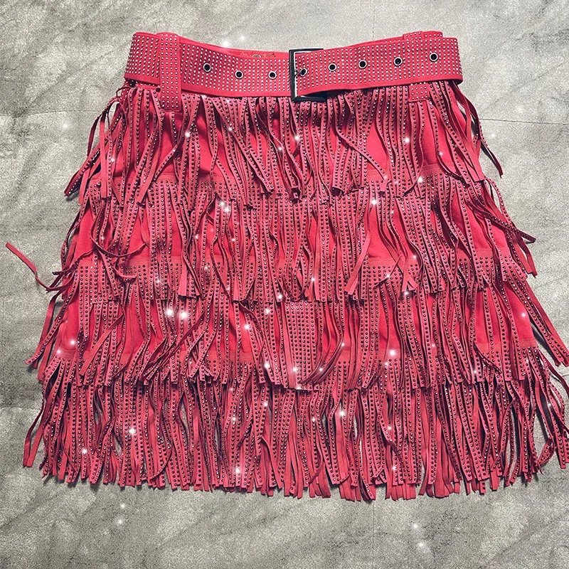 Fashion 2025 New Autumn Women High Waist Belt Multi Layer Short Heavy Drilling Rhinestones Fringed Belt Cake Skirt A Line Y2k