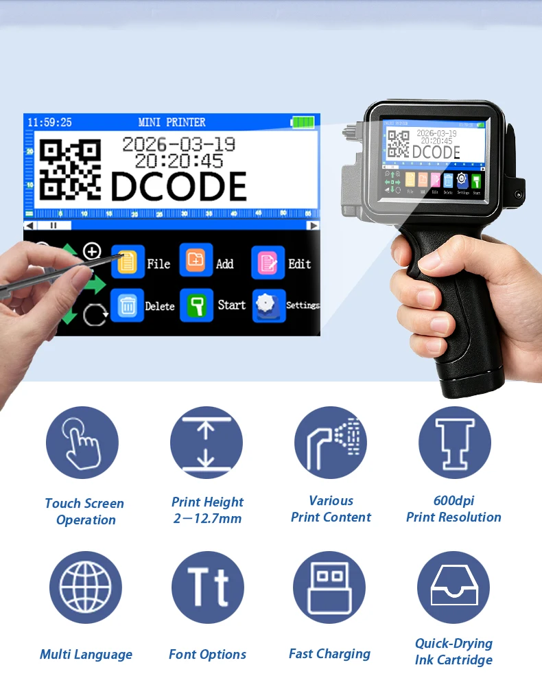 XTMINI 12.7mm Handheld Inkjet Printer Portable Printers Text QR Barcode Batch Nu