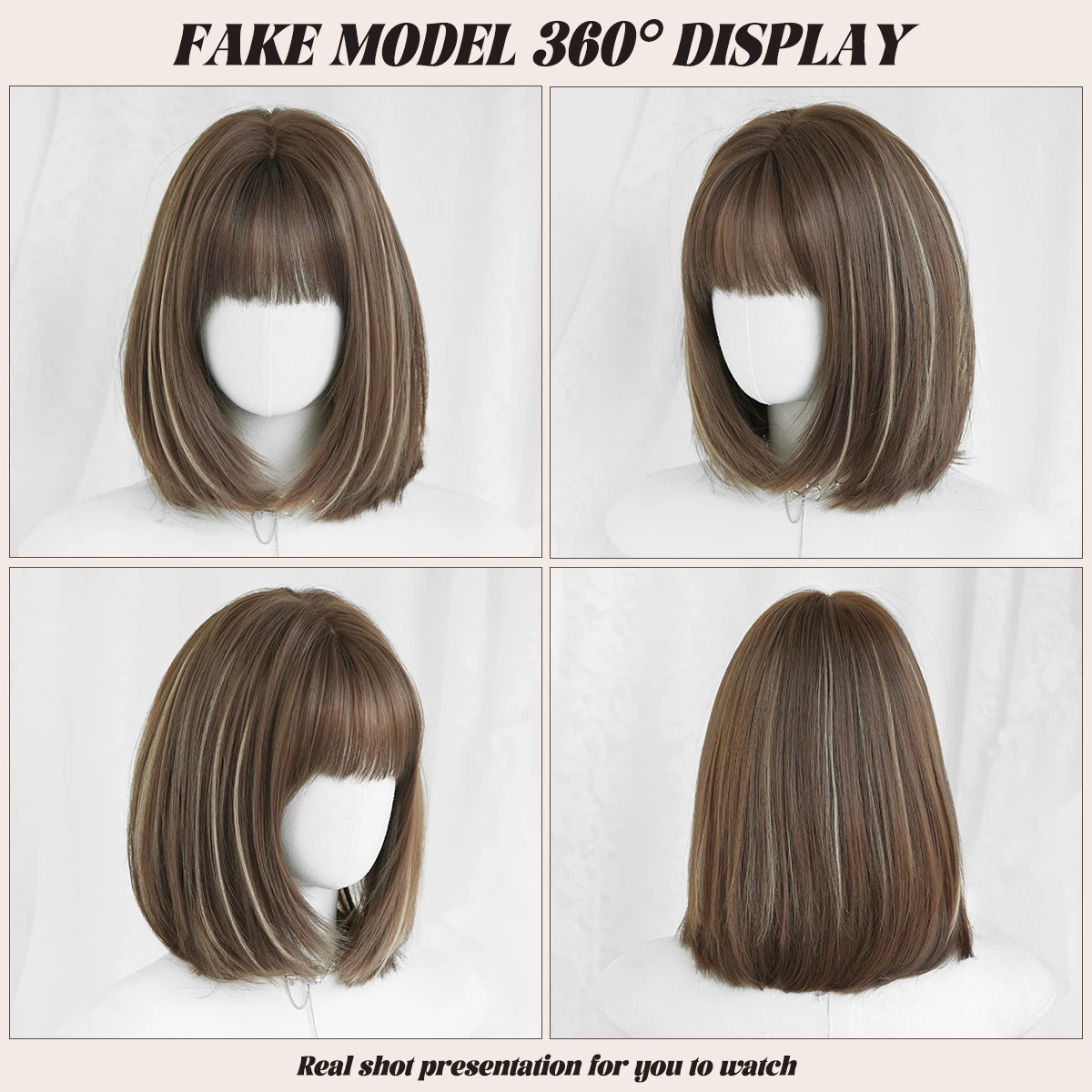 Women's Short Straight Brown Highlight Synthetic Wig with Bangs