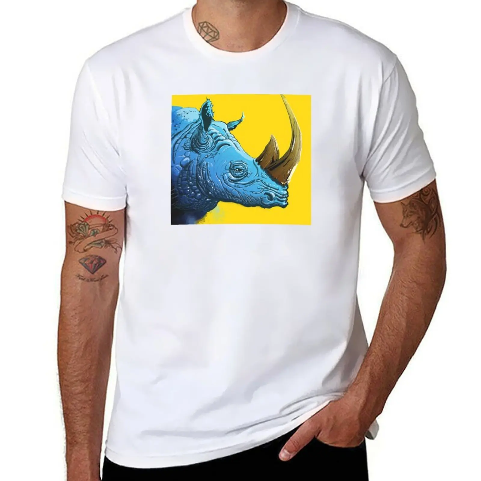 

Blue Rhino on Yellow Background T-Shirt t shirts for man cotton soft cotton tshirt 100% T-Shirt