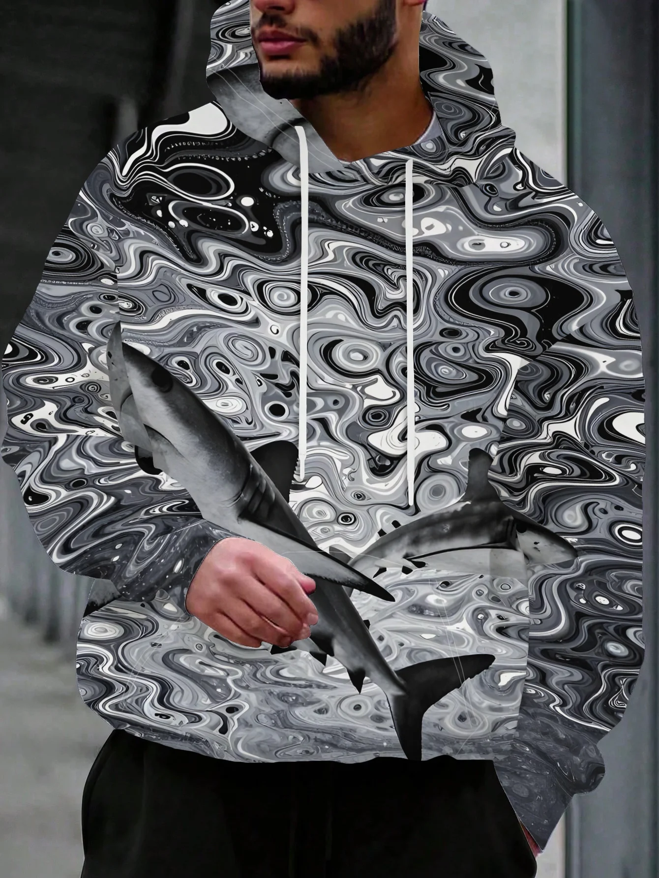Men Black Gray Swirl Abstract Wave Shark Marine Animal 3D All Over Print Hoodie Casual Long Sleeve Sweatshirt