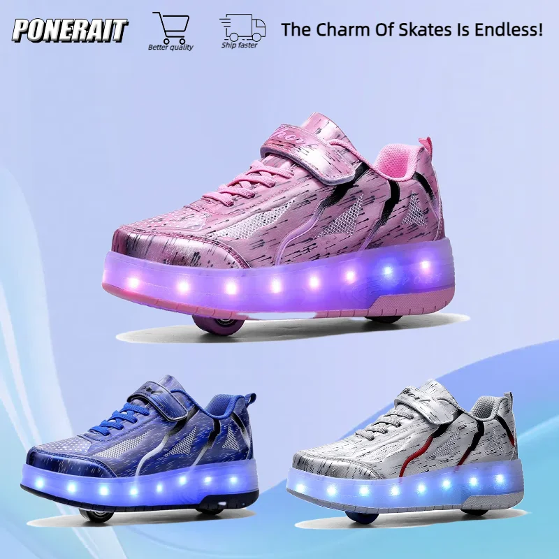 

Fashionable Girls' Skates Children's 2 Wheel Luminous USB Charging Port Adjustable Skates Outdoor Leisure Wheeled Sports Shoes