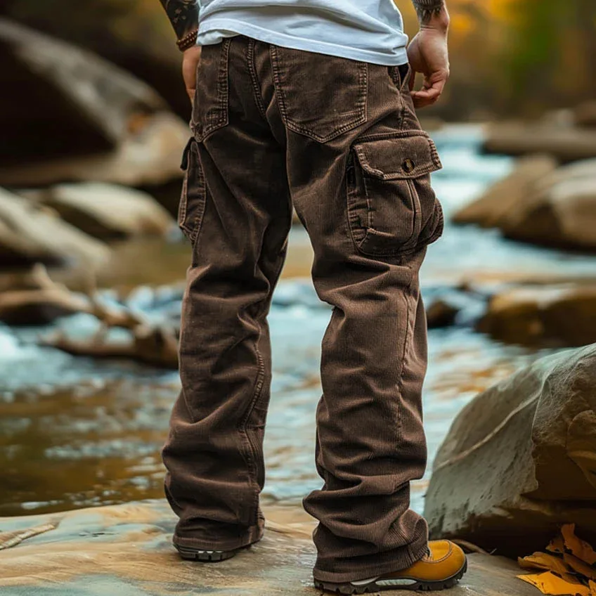 New Cargo Pants for Men Retro Style Men's Corduroy Cargo Pants with Multiple Pockets Mid-rise Solid Color Trousers for Wear Long