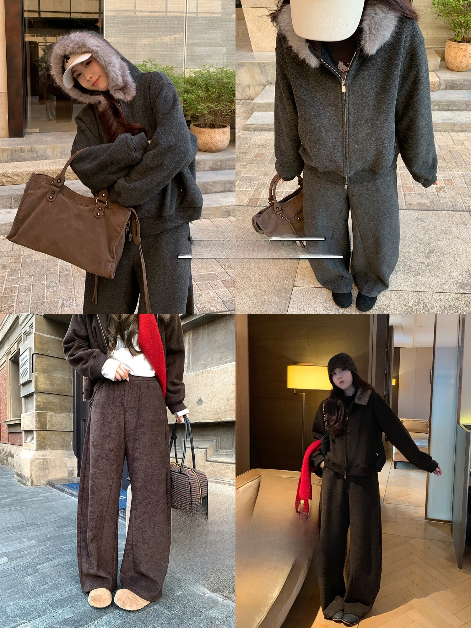 

NAZ plus Size Winter Outfit Thickened Furry Collar Lazy Feel Fleece Lined Top Wide Leg Pants Set High Waist Zipper Closure