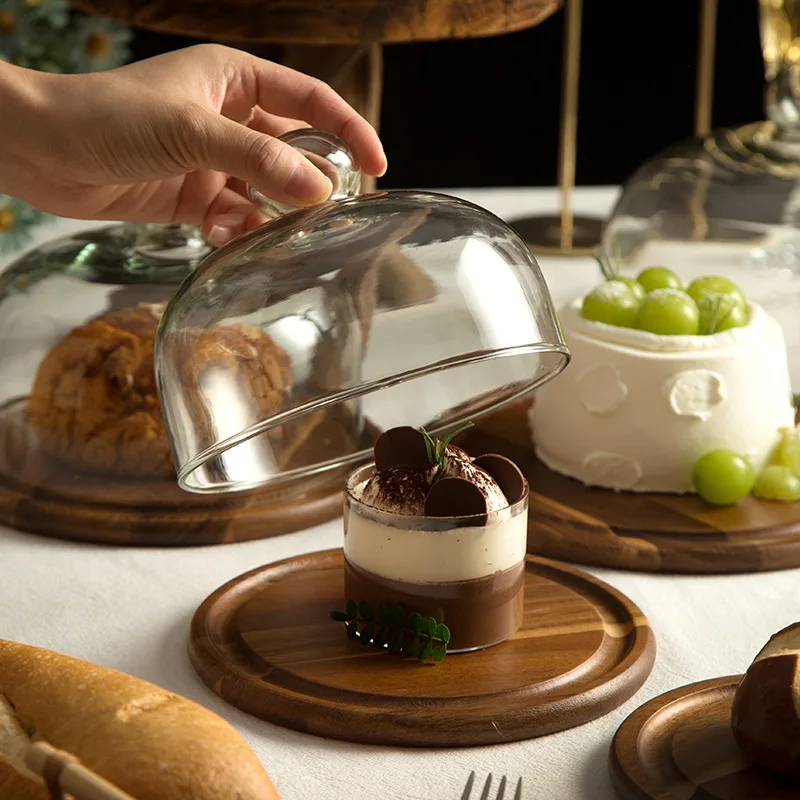4/5/6/7/8/9in Retro Natural Walnut Wood and Clear Glass Cake Stand for Home Wedding Banquet Dessert Display and Table Decoration