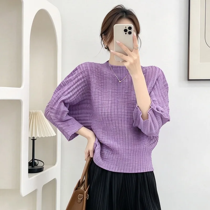 Fashion Corn Pleat Half High Neck Pullover Women's Simple Casual Three-Quarter Sleeve T-Shirt Loose Solid Color Bouncy Top