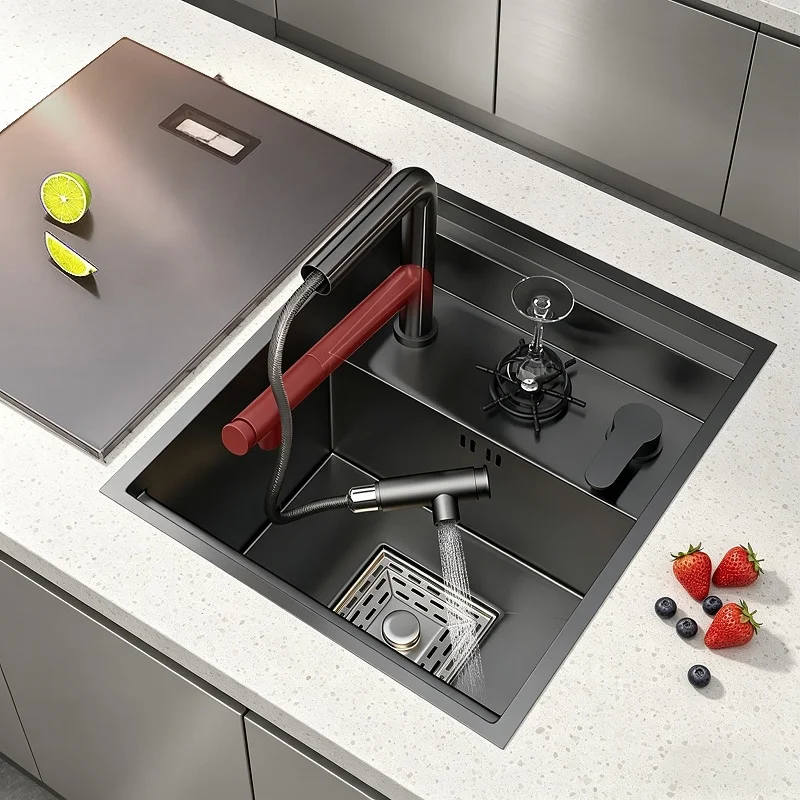 Hidden Stainless Steel Kitchen Sink With Cover Plate Small Single Bowl Lift Faucet Mini Washing Basin For Home Bar Use