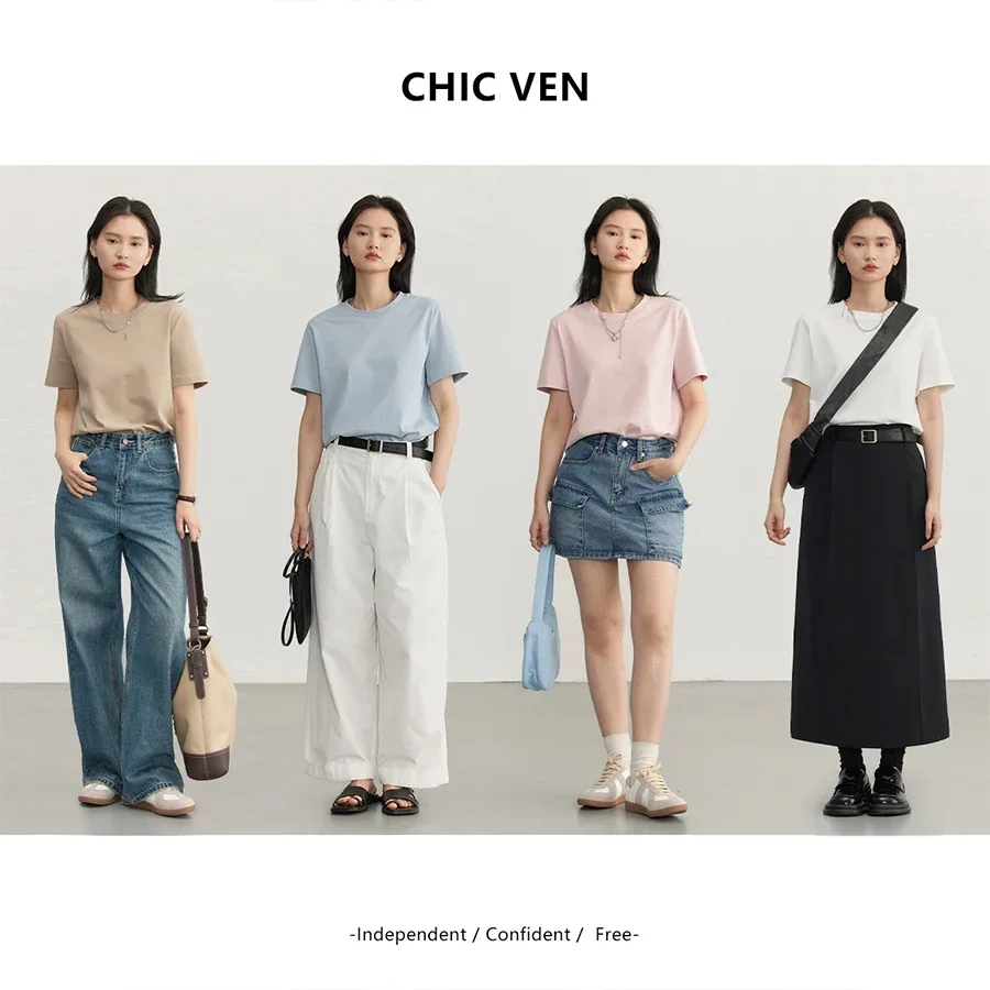 CHIC VEN 여성용 기본 O넥 반팔 풀오버 티셔츠, 단색 여성 상의, 캐주얼 여성 티셔츠, 여름 2024