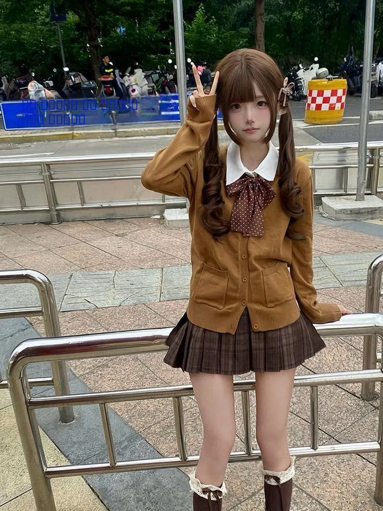 

Карамель Круассан Лонг Све вязаный свитер кардиган студенческий многослойный верхняя одежда для колледжа Jk осенне-зимний модный комплект