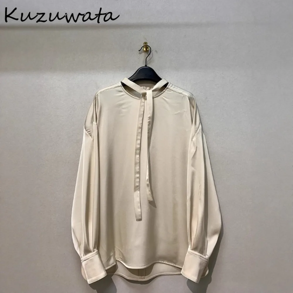 

Kuzuwata All-match Preppy Style Harajuku New Shirts French Simple Loose Profile Blusas Mujer Japan Lazy Lace Up Mid-length Shirt