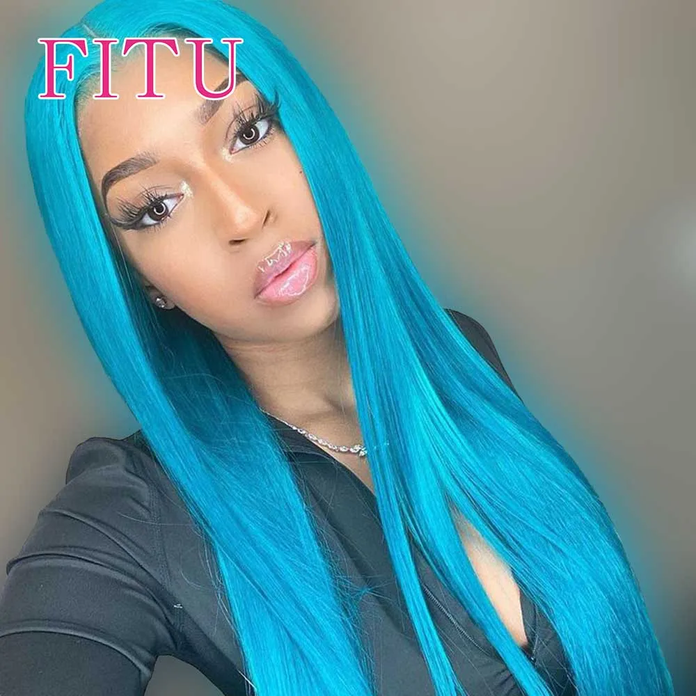 

FITU Blue Transparent 13x6 13x4 Lace Frontal Human Hair Wig 613 Colored Plucked With Baby Hair 5x5 Lace Closure Wig