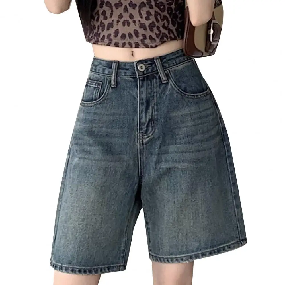 Retro Style Women Denim Shorts High Waist Vintage Washed Straight Wide Leg Button Zipper Knee Length Jeans Shorts Summer