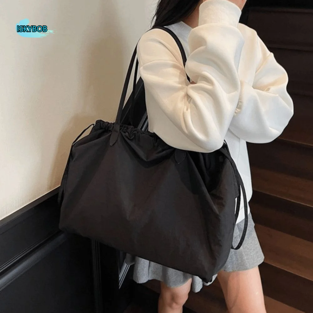 

Simple Solid Color Nylon Totes Bag Large Capacity Versatile Overlarge Drawsting Bag Casual Light Weight Women's Handbag Ladies