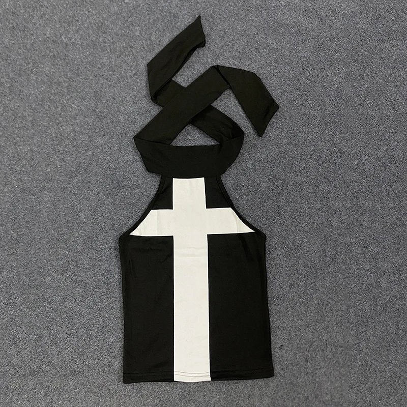 Top corto con tirantes ajustados y estampado cruzado estilo callejero para mujer, Top de capa Base de verano caliente