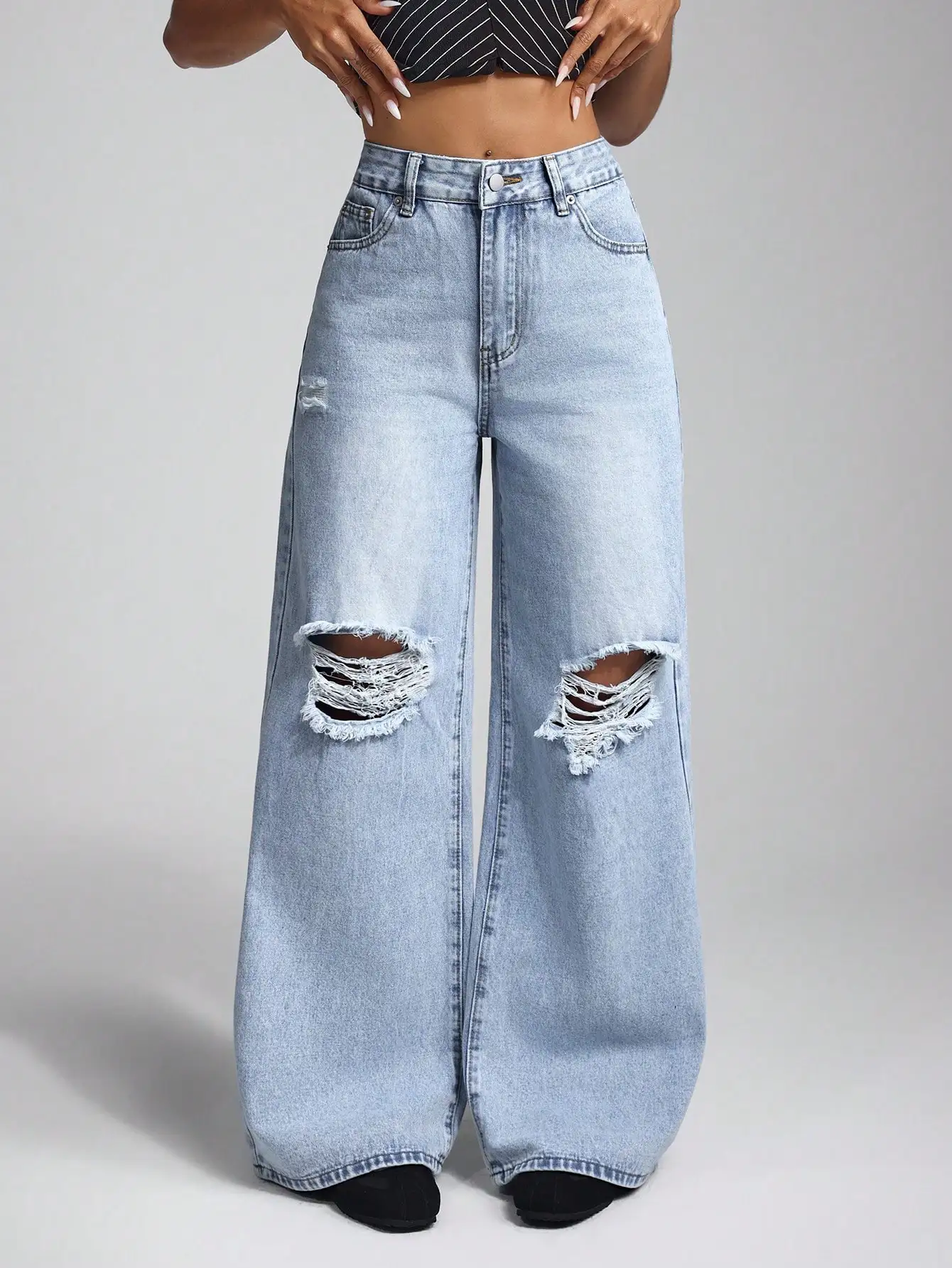 

Джинсы с высокой талией и рваными широкими штанинами для женщин, повседневные джинсовые брюки с эффектом потертости на коленях