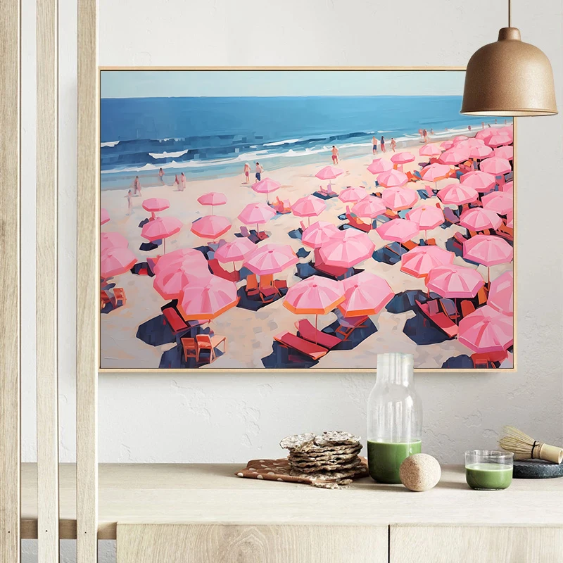 الصيف البحر السباحة المراكب الشراعية الساحلية الغروب الوردي مظلة الشاطئ اللوحة على قماش طباعة المشارك المناظر البحرية جدار ديكور المنزل كوادروس