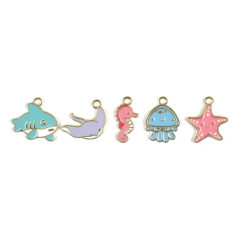 

10Pcs Cute Shark Starfish Jellyfish Ocean Animal Enamel Charms Pendant Beads For DIY Jewelry Making Accessories