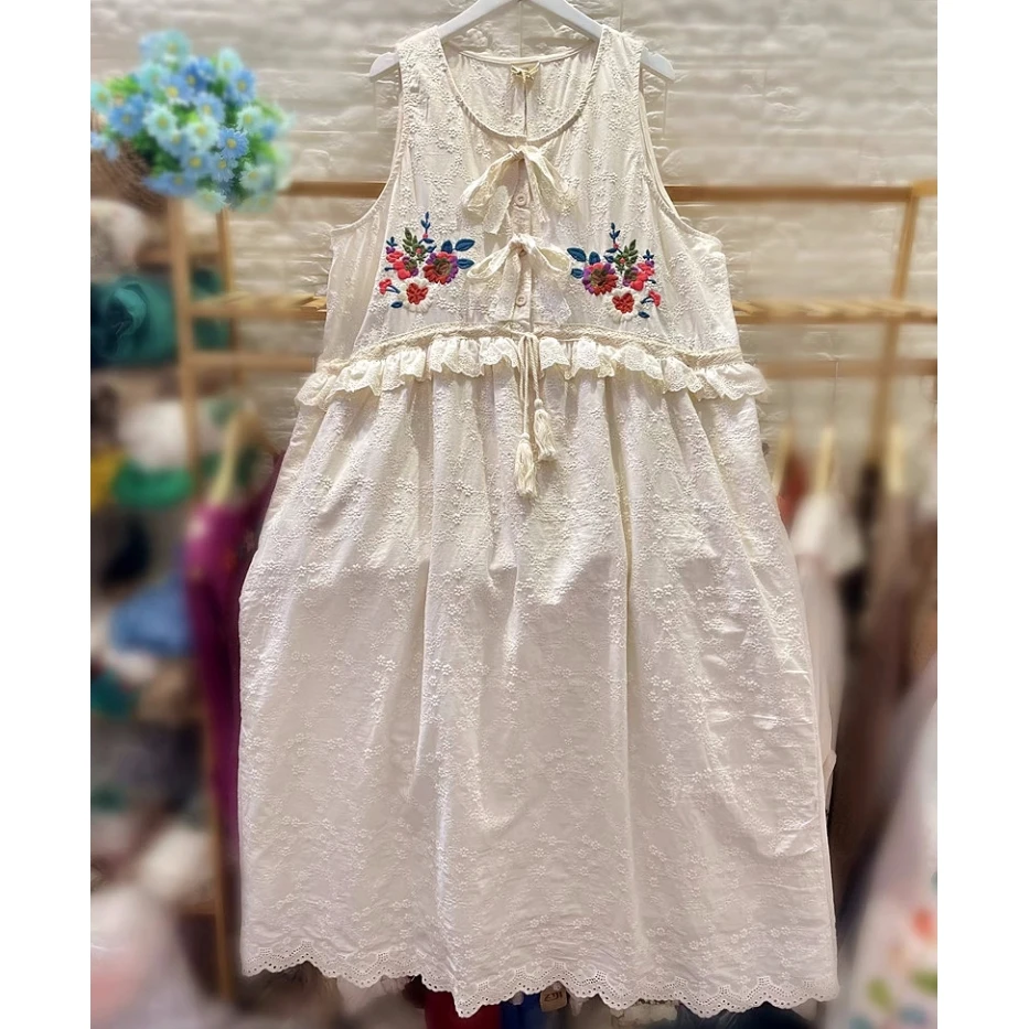 

Vintage Cottagecore Floral Embroidery Sleeveless Midi Dress Women Retro Chic Victorian Rococo Shabby Sweet Lolita Evening Dress