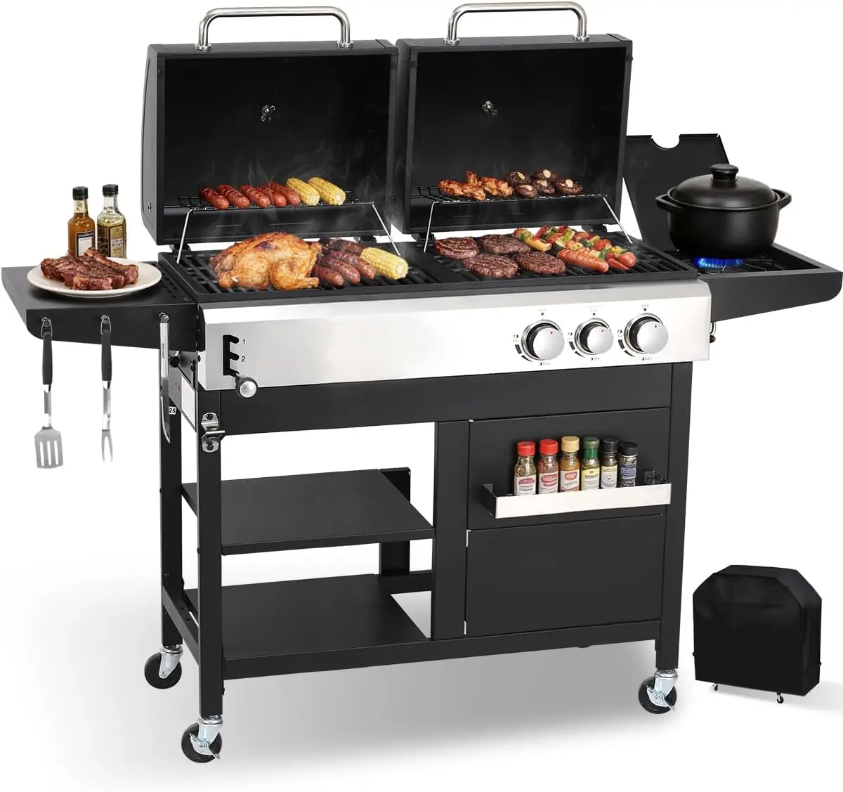 Dual Fuel 2-in-1 Gas and Charcoal Combination Grill with Side Burner