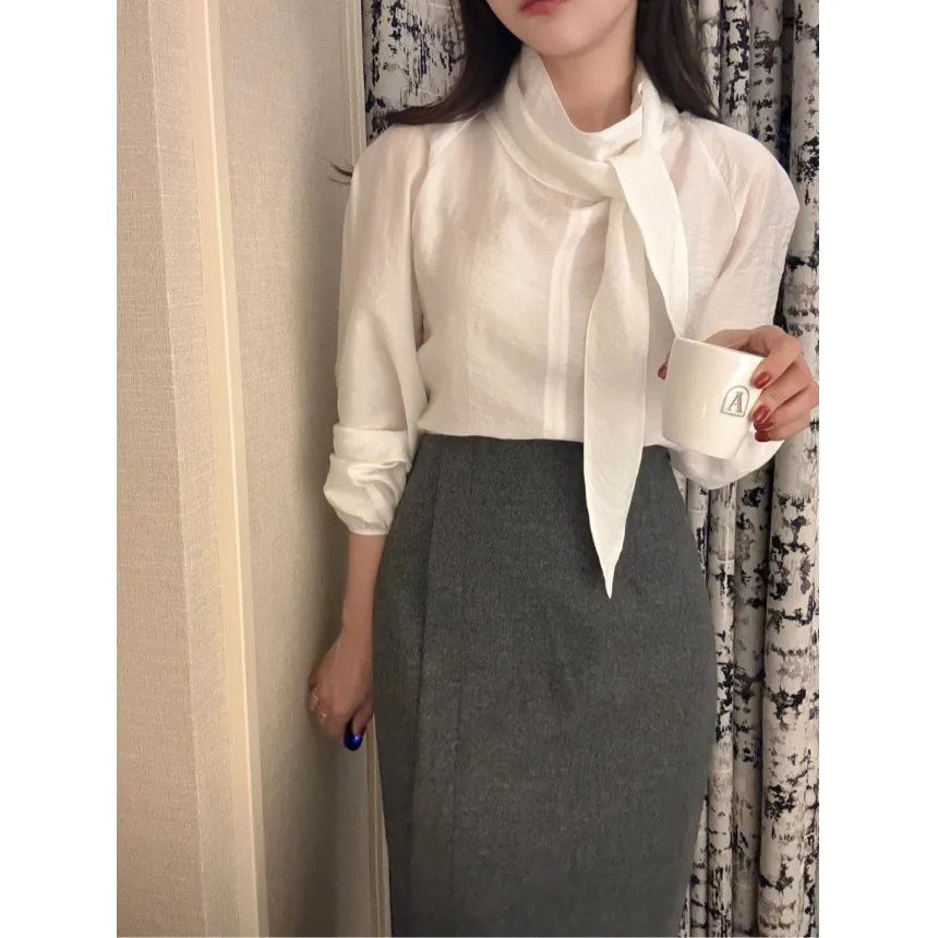 Schickes Damen-Chiffon-Oberteil mit langem Sve-Design und hohem Kragen, Sensation Sa, Frühling, Sommer, Herbst, faionable irt Drifting Belt