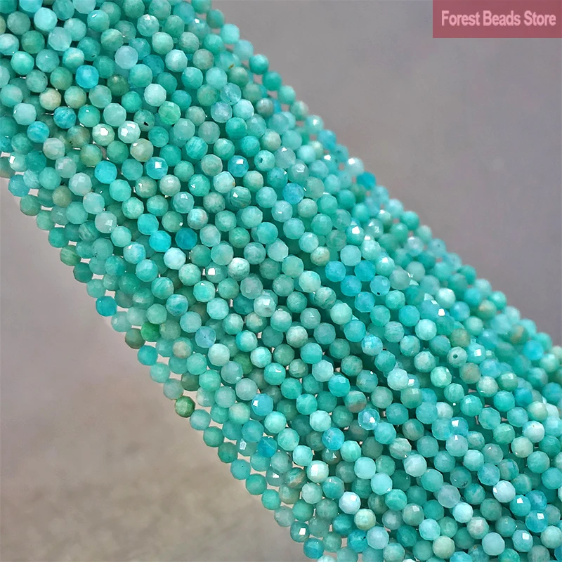 Natural Stone Blue Amazonite Faceted Round Loose Spacer Beads DIY Charms Bracelet Necklace for Jewelry Making 15'' Inch 2mm/3mm