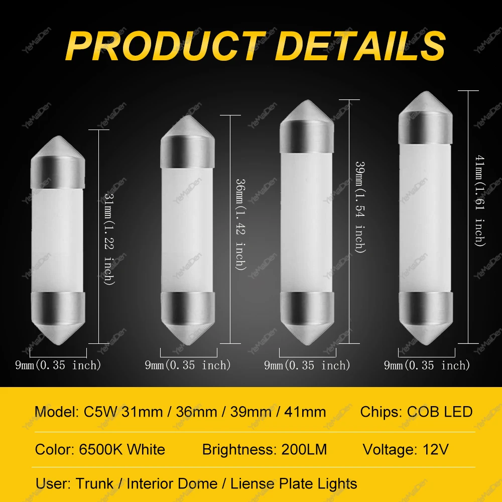 10 pz C10W C5W lampadina LED 31mm 36mm 39mm 41mm 12V festone Led COB 6500K bianco auto interni luce di lettura tronco targa lampada