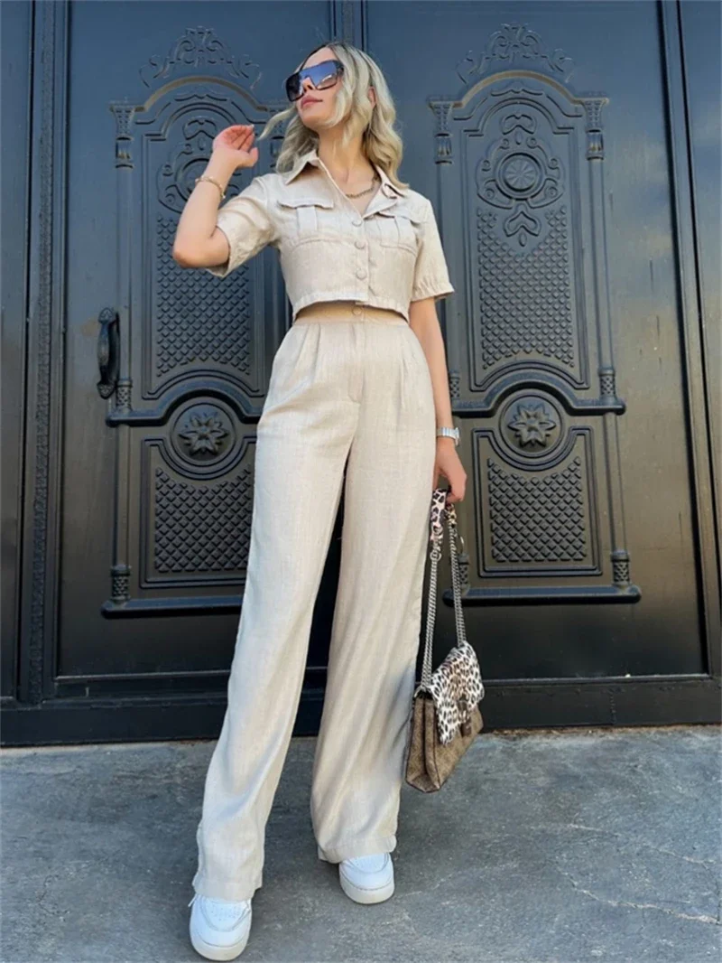 여성용 반팔 셔츠 상의 및 바지 세트, 캐주얼 운동복 세트, 패션 2 피스 세트, 2024 여름 의류