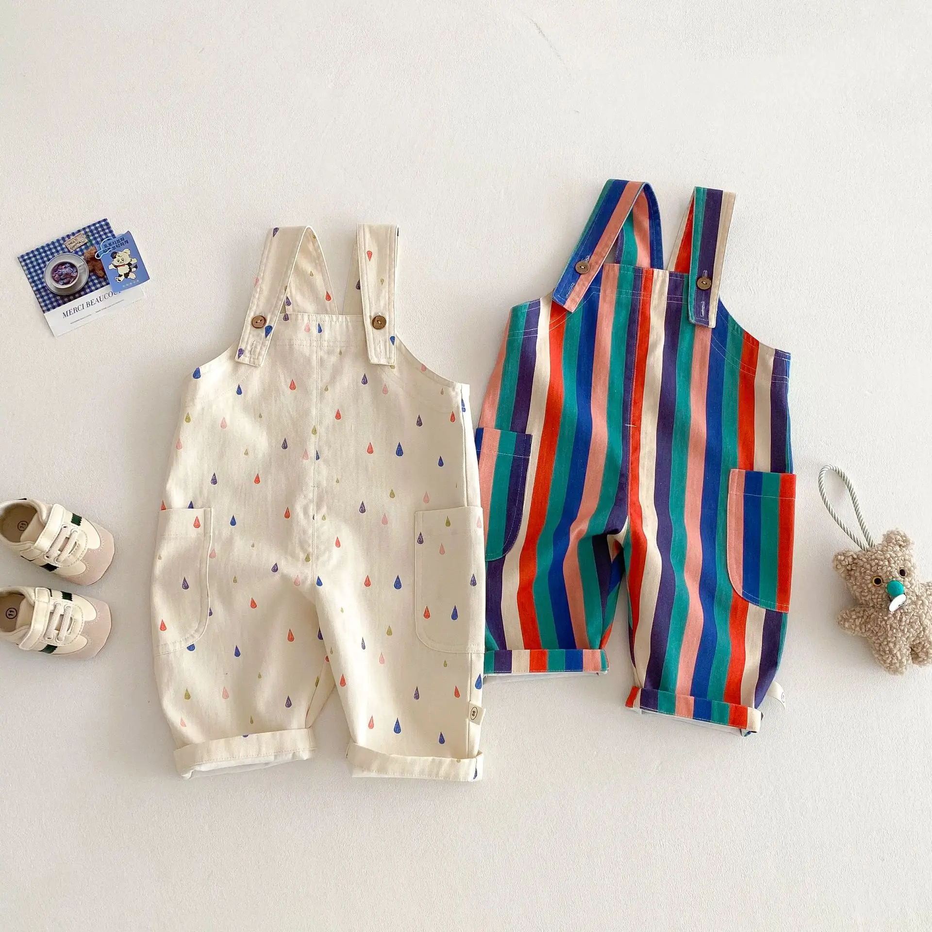 

2025 Spring New Children Clothes Boys Fashion Overalls Polk Dot Toddler Girls Jumpsuits Striped Overalls Kids Suspenders Pants
