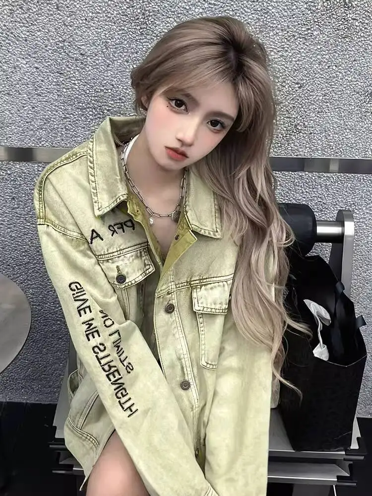 

Retro Distressed Denim Jacket for Women Loose Ink Splatter Design Spring Autumn Cool Streetwear Cargo Top