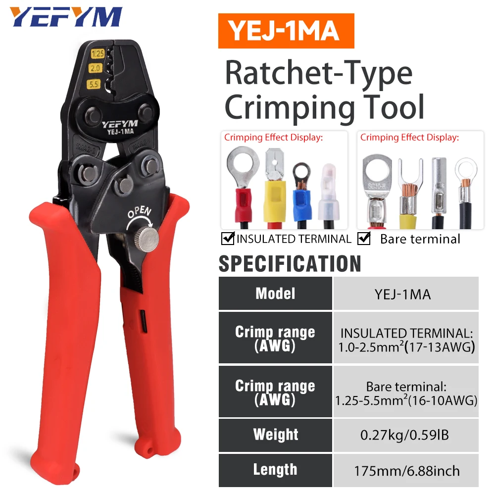 Ratchet Crimping Pliers YEJ Japanese Style Labor-Saving Crimper for Insulated & Non-Insulated Cold Press Terminals YEFYM