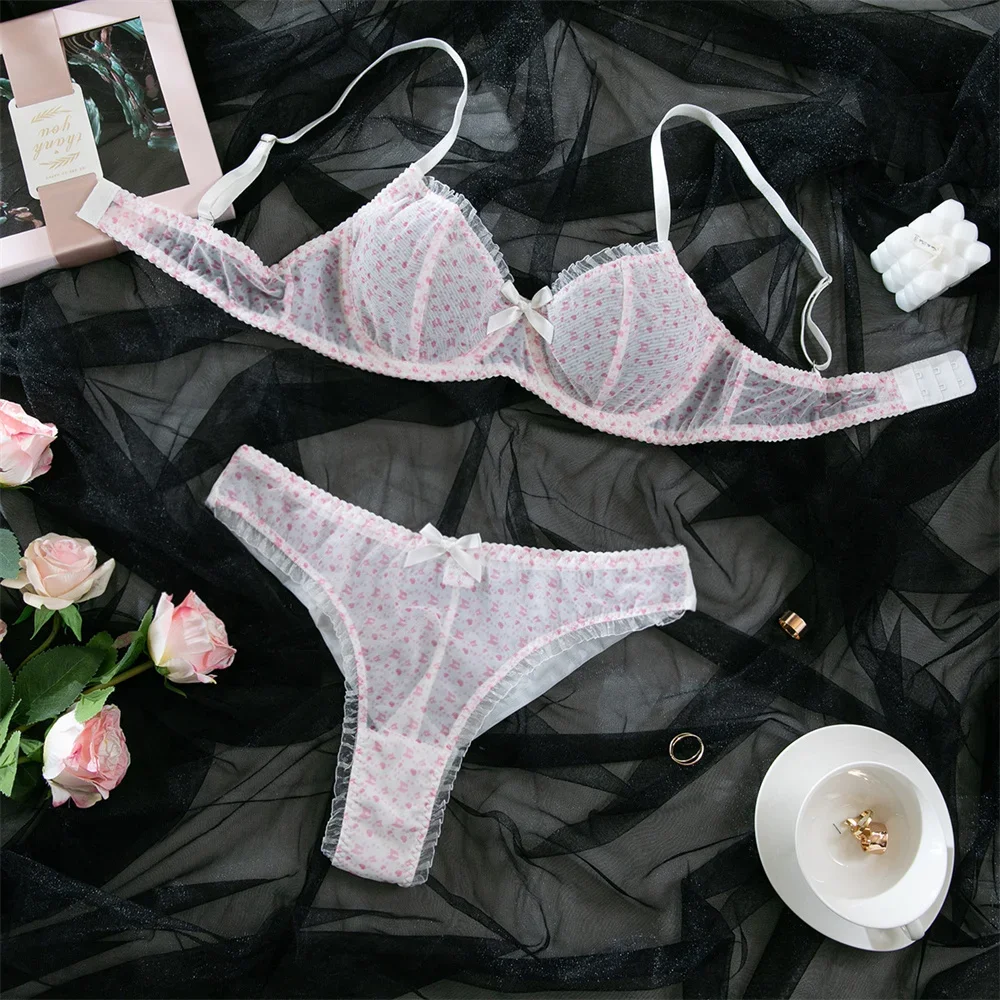 Sexy White Ruffle 2Pcs Bra & Brief Sets Mesh Perspective Bow Patchwork Bra Bilizna Set Women Underwear Ultra Thin Intimate