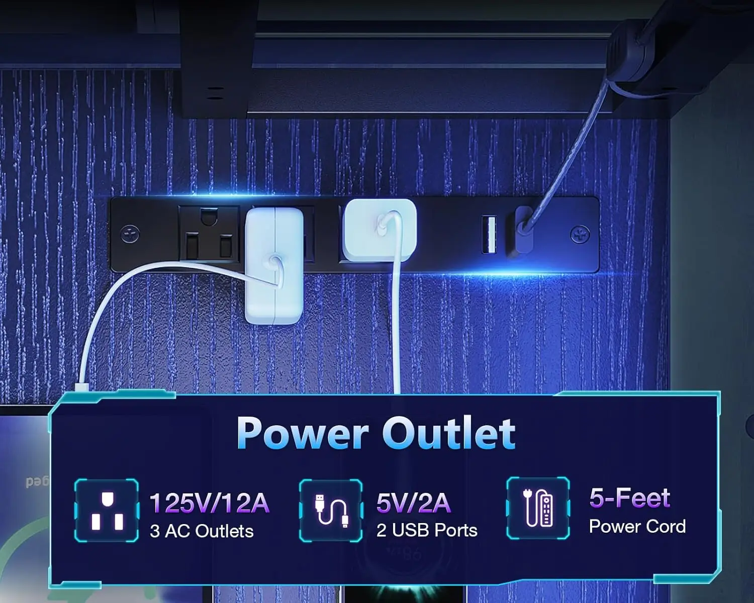 مكتب ألعاب على شكل حرف L مقاس 61 بوصة مع منافذ طاقة وأضواء LED وأرفف وحقيبة تخزين، أسود