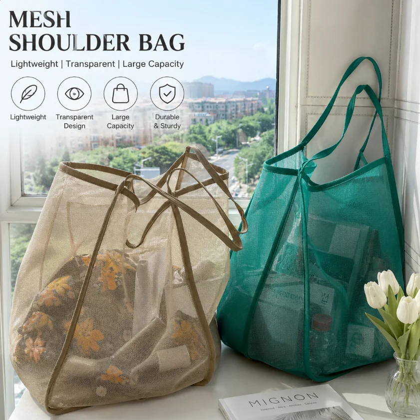New Versatile Fashion INS Style Mesh Shoulder Bag Transparent Large Capacity Handbag Lightweight Large Capacity Shopping Bag