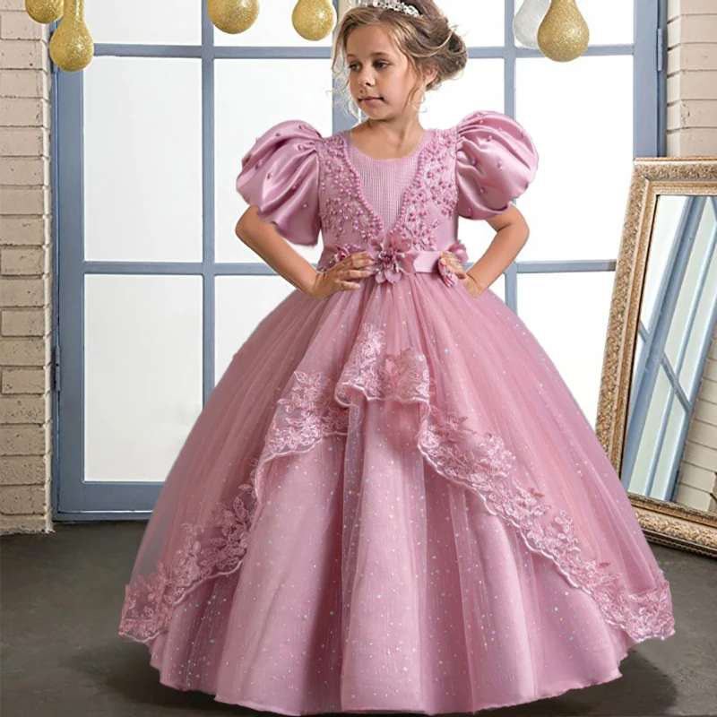 Elegant Girl's Birthday Party Dress for 4-12 Years Old Halloween Princess Dress New Bubble Sleeves Girl's Fluffy Dress