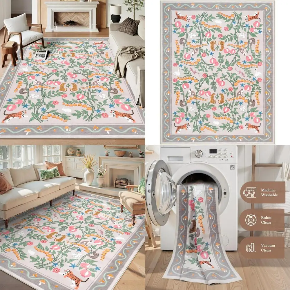 

OJIA 8x10 Living Room Rug, Washable and Non-Slip, Ideal for Kids' Nursery and Playroom, Floral and Animal Design, Ultra-Thin Boh