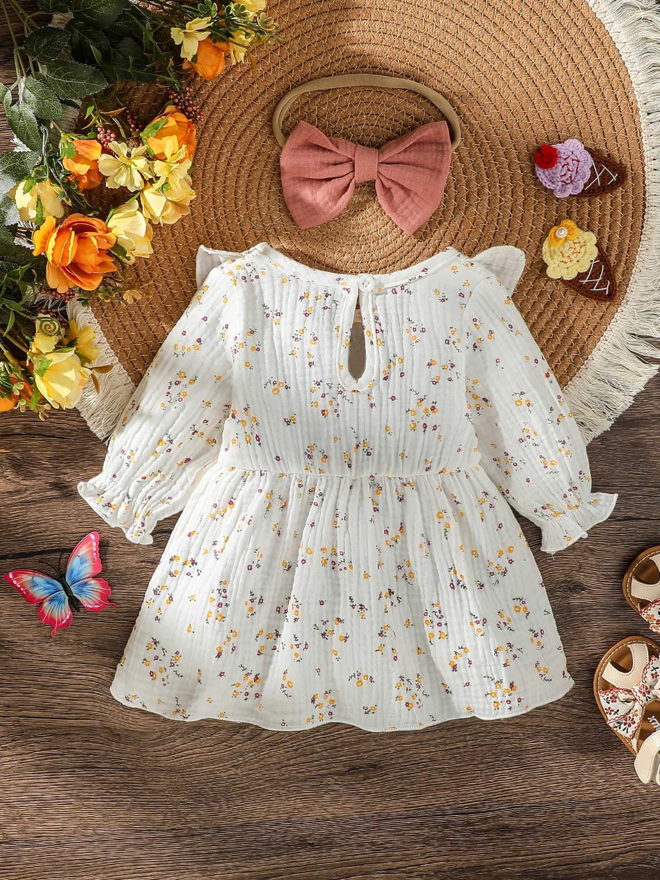 2PCS Baby Girls Long Sleeve Printing Floral With Bow Baby Dresses For Newborn Casual Daily Wear Cotton Soft Clothes +headband
