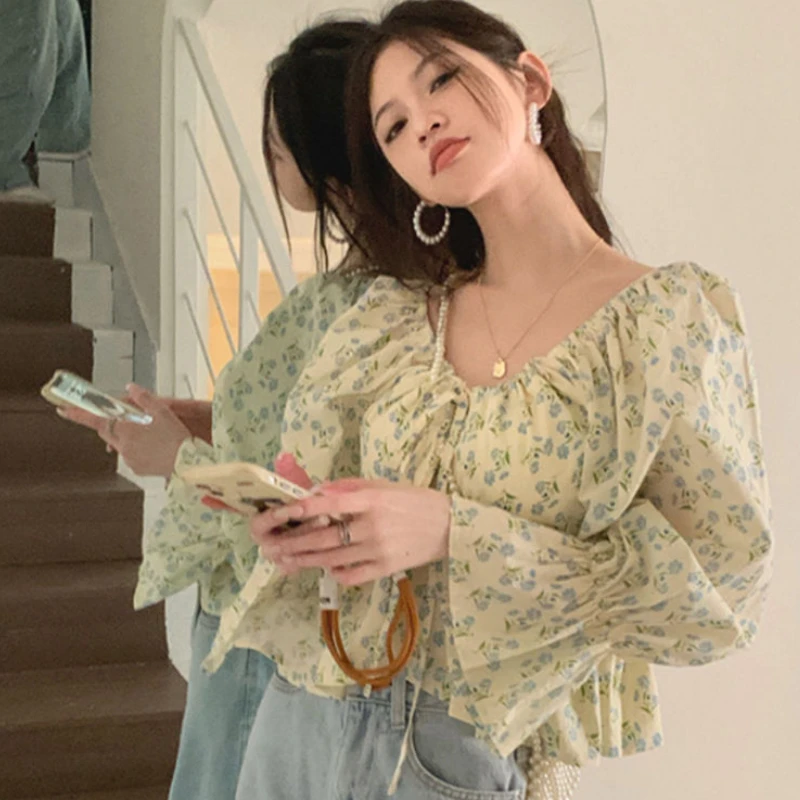 Puff Long-sleeve Blouses Women Sweet Floral Spring Cropped Tops Vintage Folds Stylish French Style Feminine Blouse Streetwear